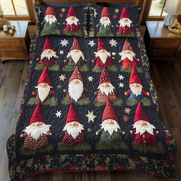Gnome Stars quilted 3-piece bedding set on a made bed in a winter-styled bedroom