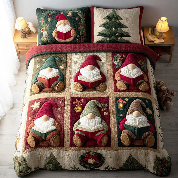 Gnome Stories quilted 3-piece bedding set on a made bed in a winter-styled bedroom