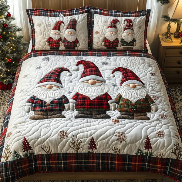Gnome Sweet Gnome quilted 3-piece bedding set on a made bed in a winter-styled bedroom