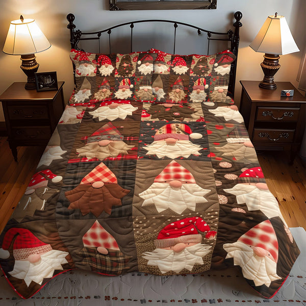 Gnome Sweet Gnome quilted 3-piece bedding set on a made bed in a winter-styled bedroom