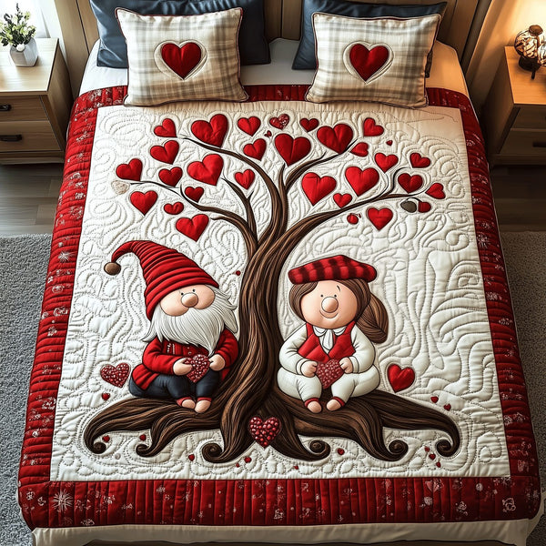 Gnome Sweet Gnome quilted 3-piece bedding set on a made bed in a winter-styled bedroom