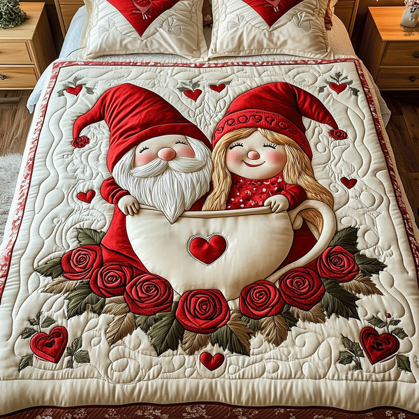 Gnome Sweet Gnome quilted 3-piece bedding set on a made bed in a winter-styled bedroom