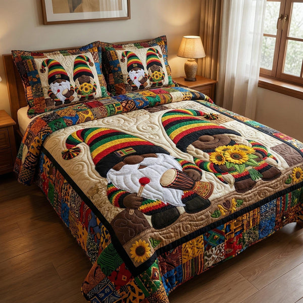 Gnome Sweethearts quilted 3-piece bedding set on a made bed in a winter-styled bedroom