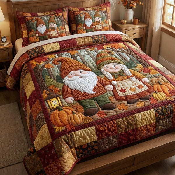 Gnome Sweethearts quilted 3-piece bedding set on a made bed in a winter-styled bedroom