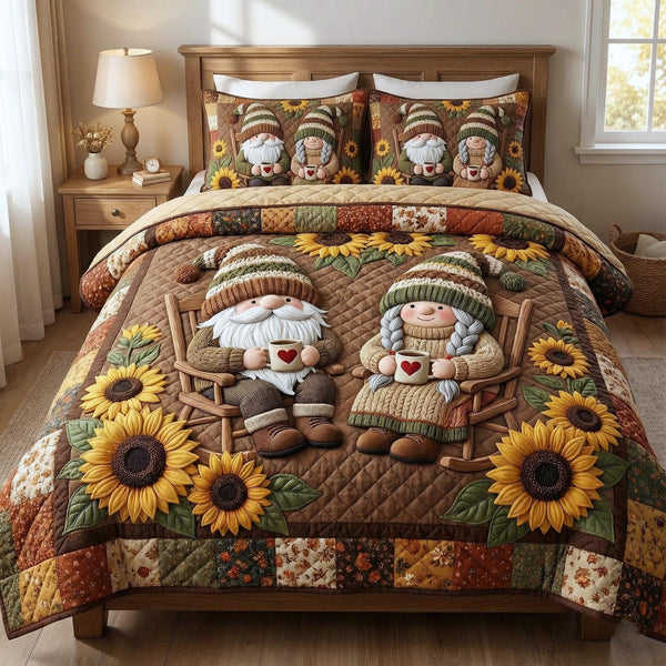 Gnome Sweethearts quilted 3-piece bedding set on a made bed in a winter-styled bedroom