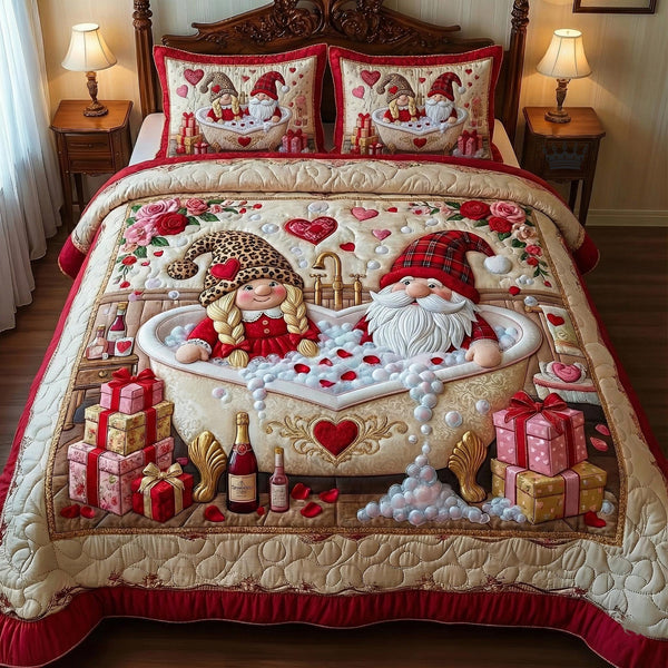 Gnome Sweethearts quilted 3-piece bedding set on a made bed in a winter-styled bedroom