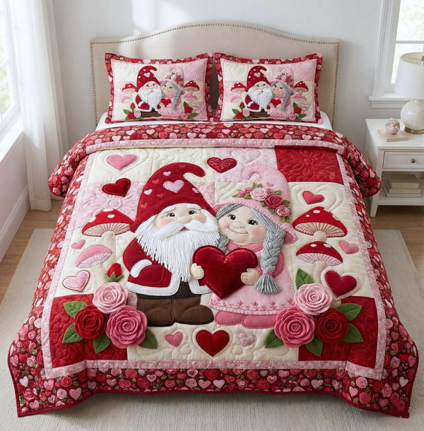 Gnome Sweethearts quilted 3-piece bedding set on a made bed in a winter-styled bedroom