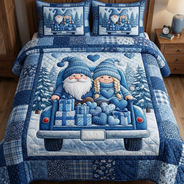 Gnome Sweethearts quilted 3-piece bedding set on a made bed in a winter-styled bedroom
