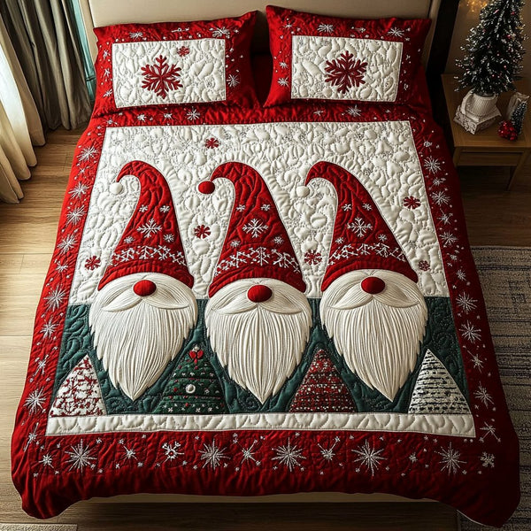 Gnome Tale quilted 3-piece bedding set on a made bed in a winter-styled bedroom
