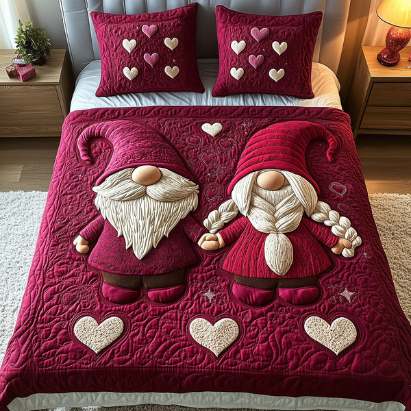 Gnome Together Always quilted 3-piece bedding set on a made bed in a winter-styled bedroom