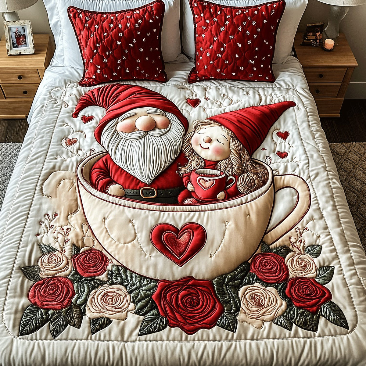 Gnome Together quilted 3-piece bedding set on a made bed in a winter-styled bedroom