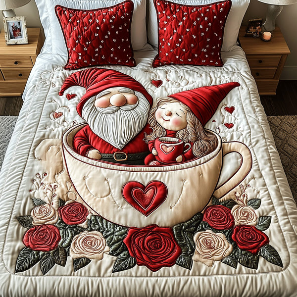 Gnome Together quilted 3-piece bedding set on a made bed in a winter-styled bedroom