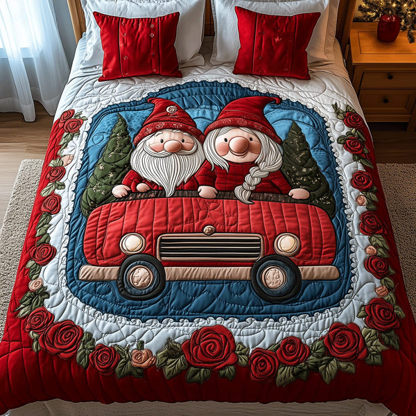 Gnome Truck Love quilted 3-piece bedding set on a made bed in a winter-styled bedroom