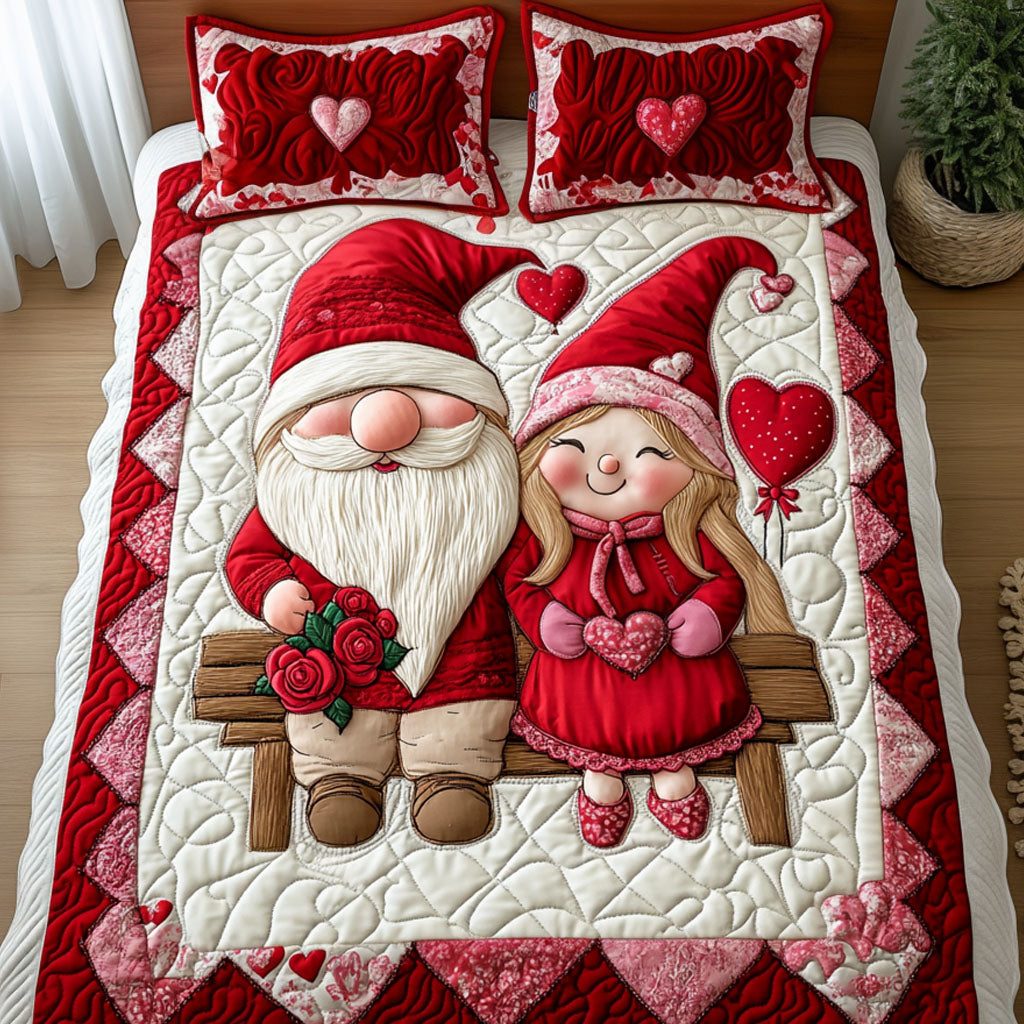Gnome Valentine Bliss quilted 3-piece bedding set on a made bed in a winter-styled bedroom