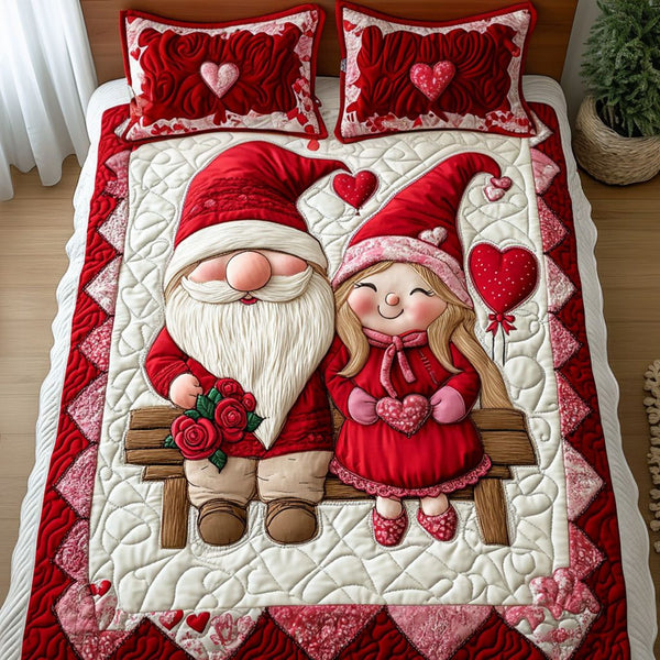 Gnome Valentine Bliss quilted 3-piece bedding set on a made bed in a winter-styled bedroom