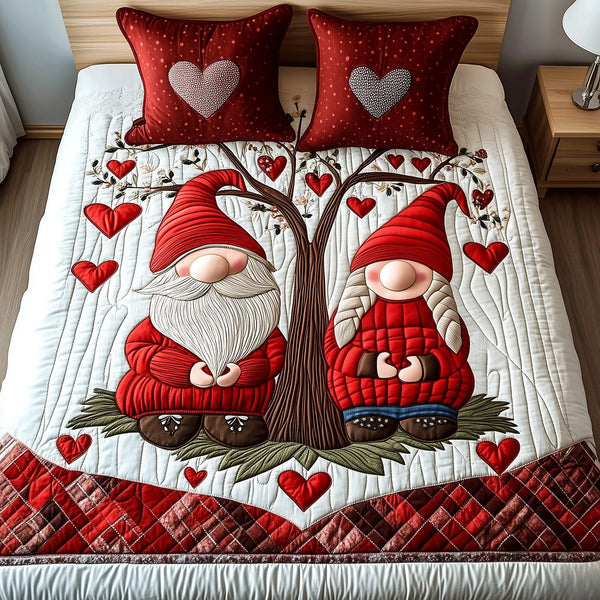 Gnome Valentine Bliss quilted 3-piece bedding set on a made bed in a winter-styled bedroom