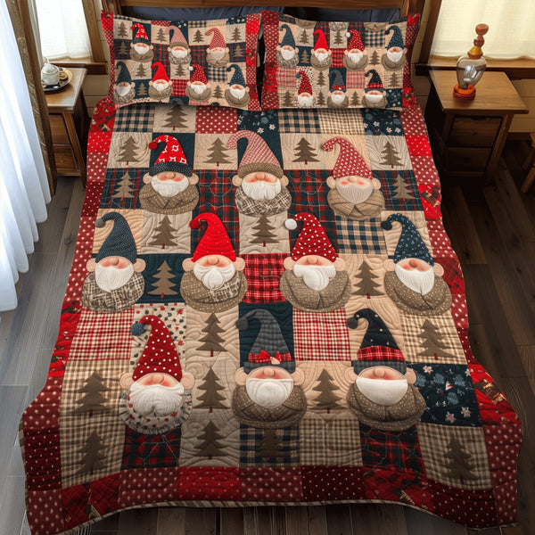 Gnome Village quilted 3-piece bedding set on a made bed in a winter-styled bedroom