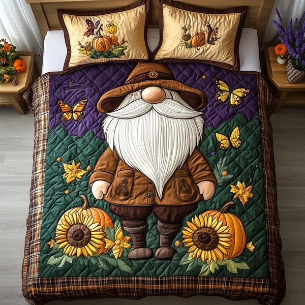 Gnomebody Does Fall Like This quilted 3-piece bedding set on a made bed with two matching pillow shams