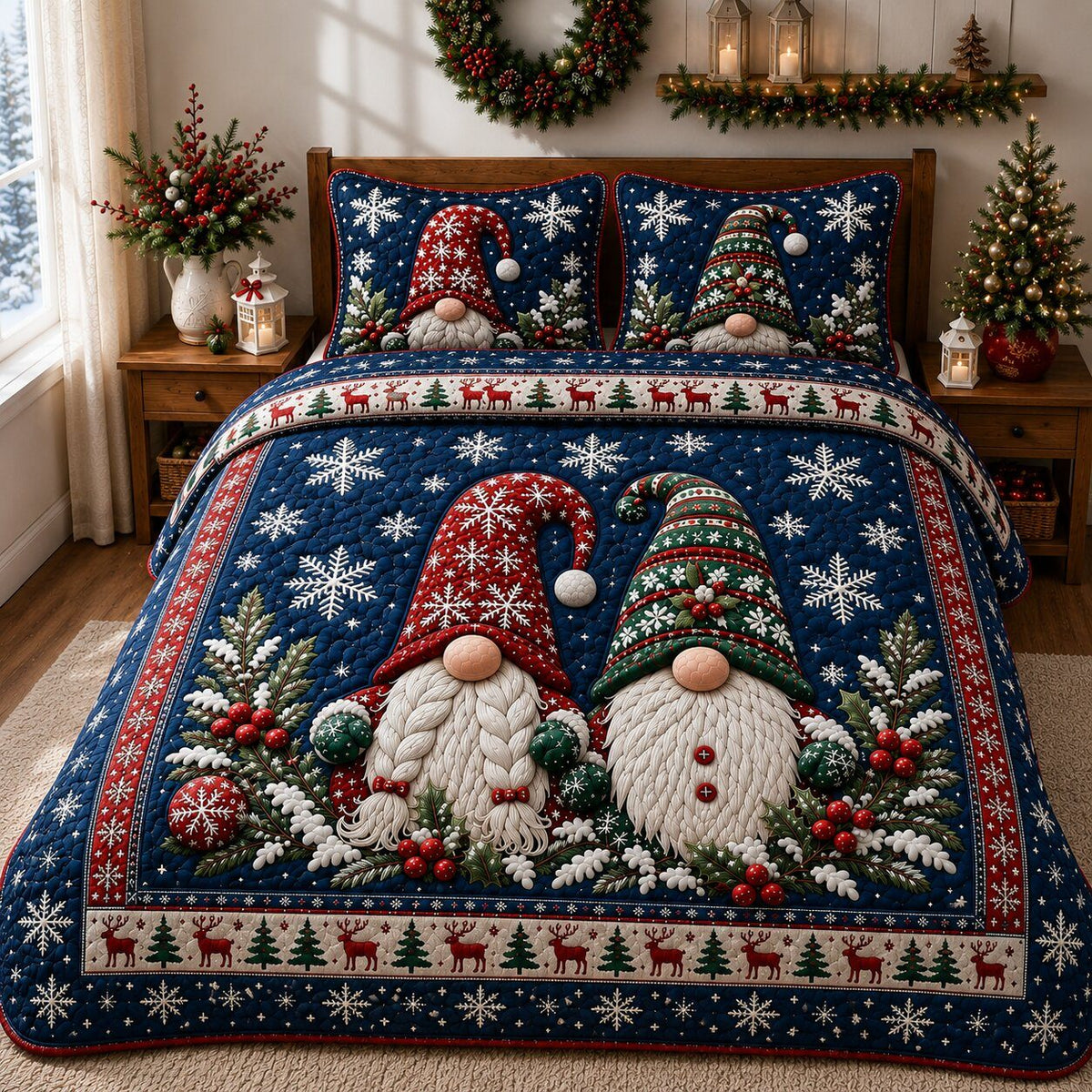 Gnomes Cheer quilted 3-piece bedding set on a made bed with two matching pillow shams