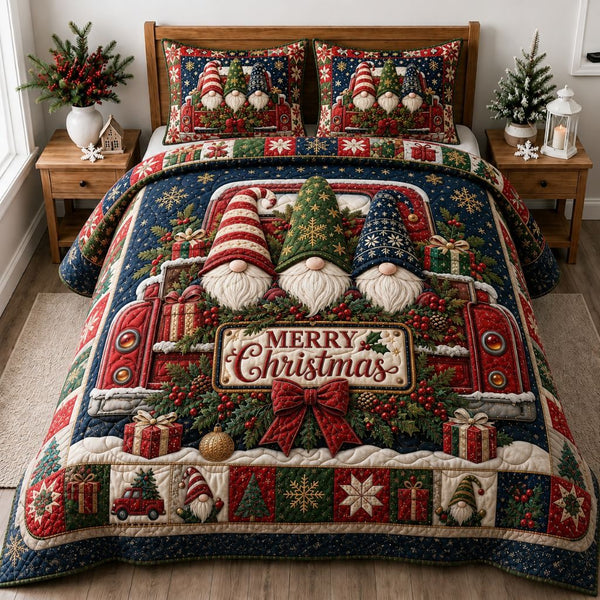 Gnomes Christmas Magic quilted 3-piece bedding set on a made bed in a winter-styled bedroom