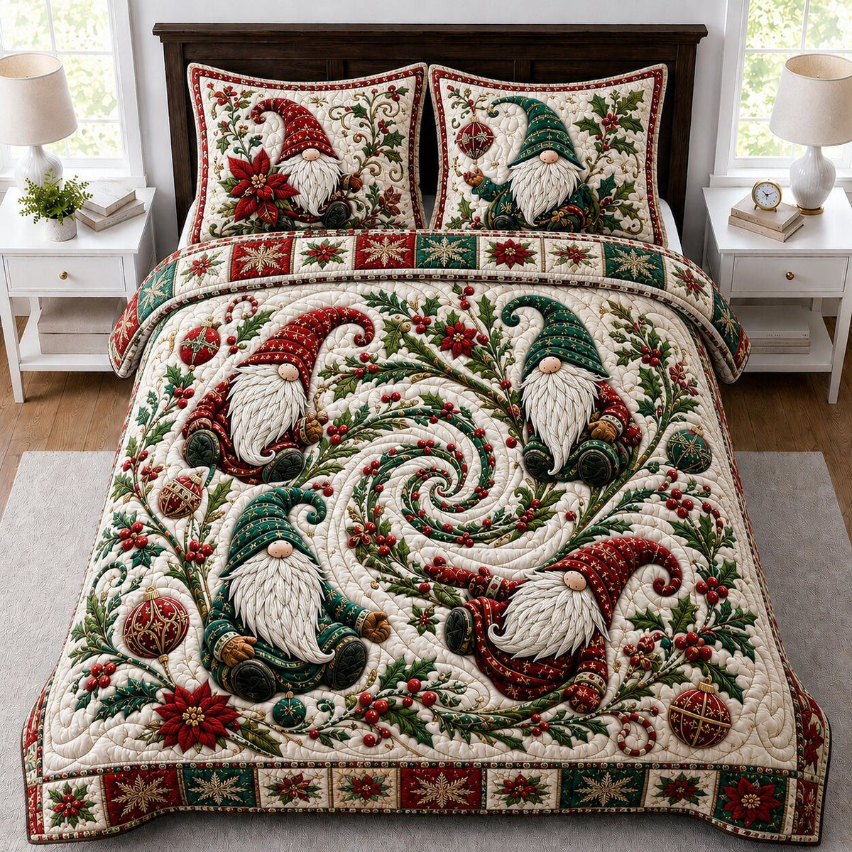 Gnomes Cottage quilted 3-piece bedding set on a made bed in a farmhouse bedroom