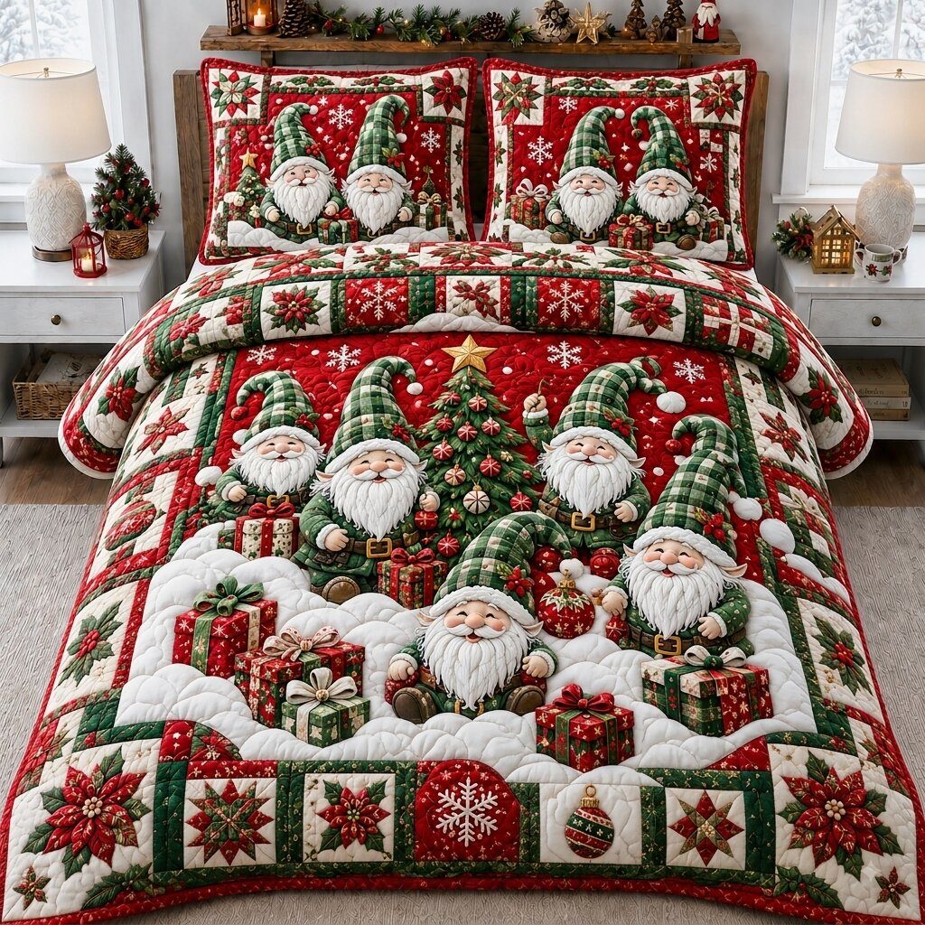 Gnomes Holiday quilted 3-piece bedding set on a made bed in a winter-styled bedroom
