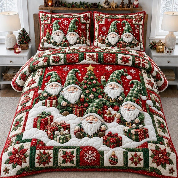 Gnomes Holiday quilted 3-piece bedding set on a made bed in a winter-styled bedroom