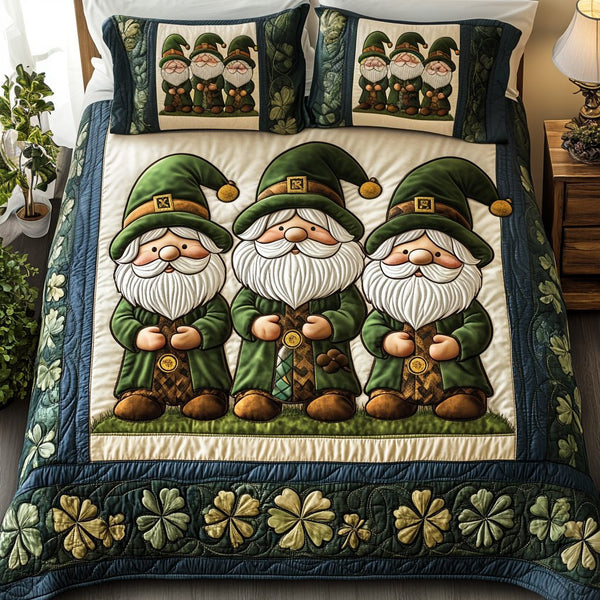 Gnomes in Cloverland quilted 3-piece bedding set on a made bed with two matching pillow shams