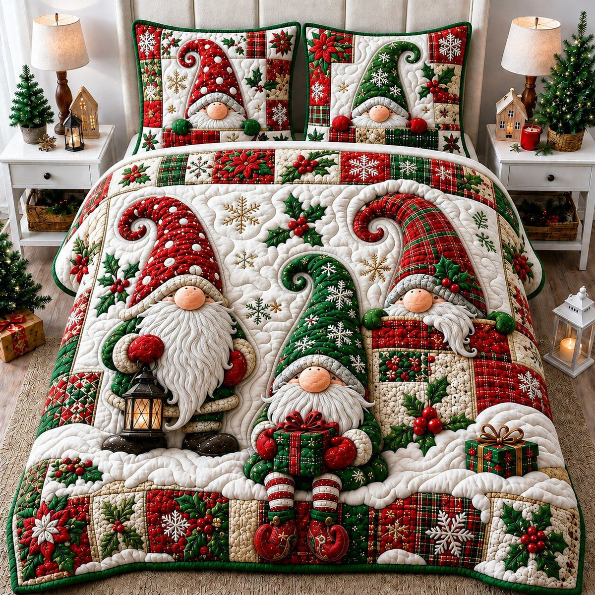 Gnomes Magic quilted 3-piece bedding set on a made bed with two matching pillow shams