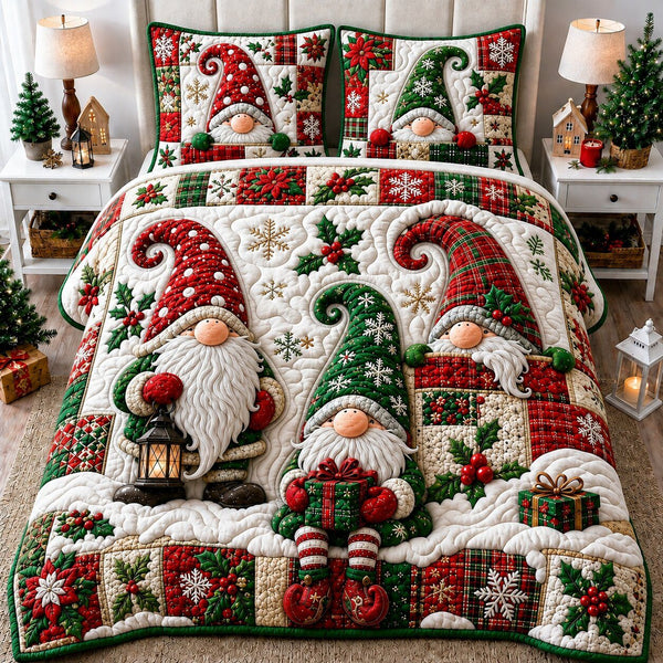 Gnomes Magic quilted 3-piece bedding set on a made bed with two matching pillow shams