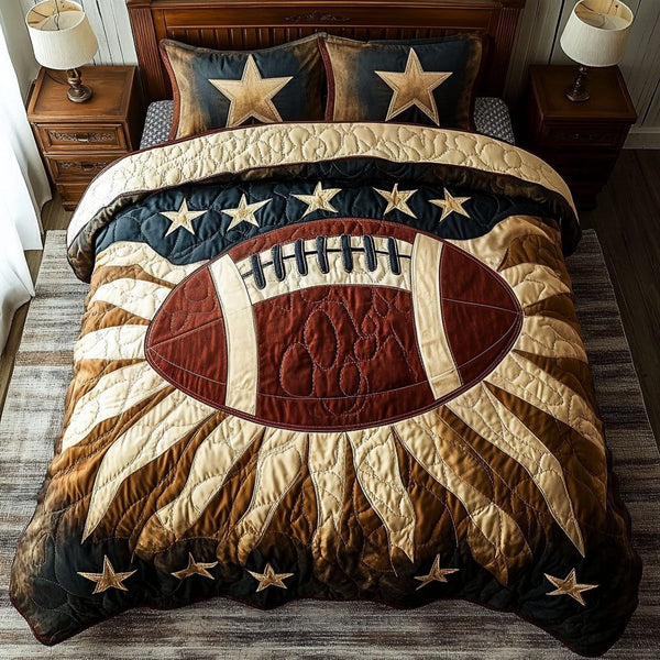 Goal Line Glory quilted 3-piece bedding set on a made bed with two matching pillow shams