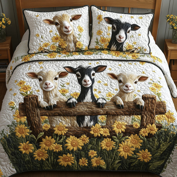 Goat Lover quilted 3-piece bedding set on a made bed with two matching pillow shams