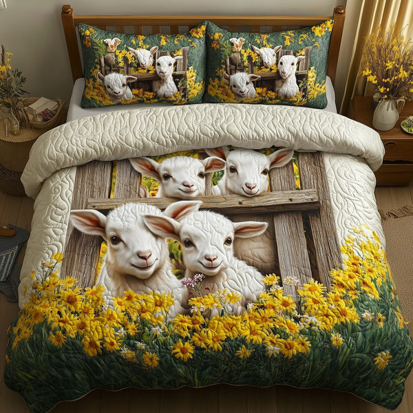 Goat Lover quilted 3-piece bedding set on a made bed with two matching pillow shams
