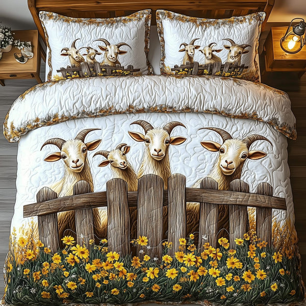 Goat Lover quilted 3-piece bedding set on a made bed with two matching pillow shams