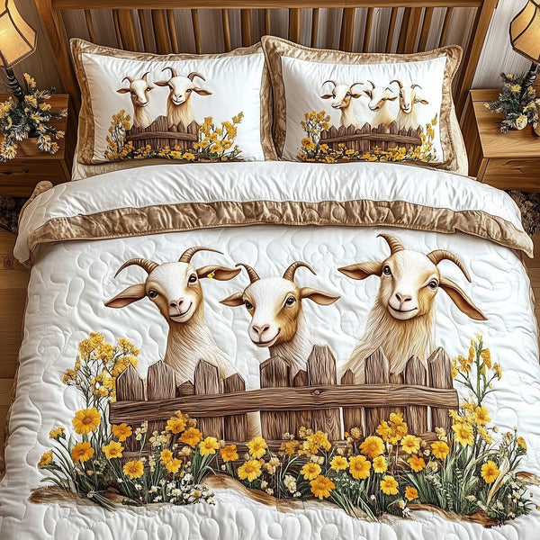 Goat Lover quilted 3-piece bedding set on a made bed with two matching pillow shams