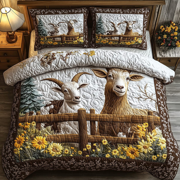 Goat Lover quilted 3-piece bedding set on a made bed with two matching pillow shams