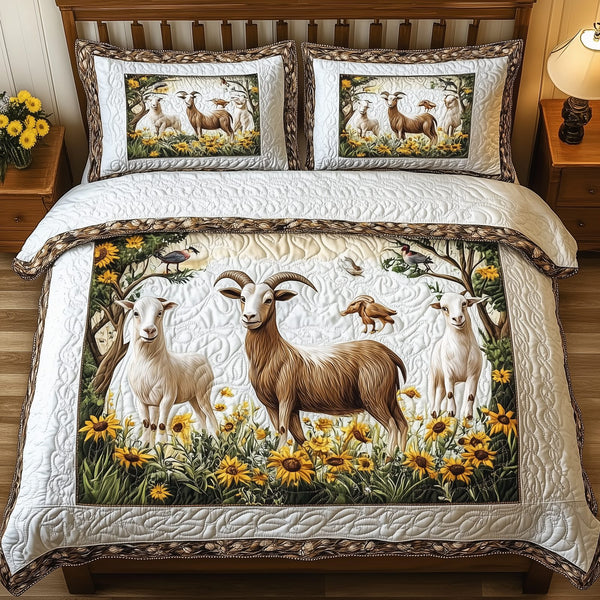 Goat Lover quilted 3-piece bedding set on a made bed with two matching pillow shams