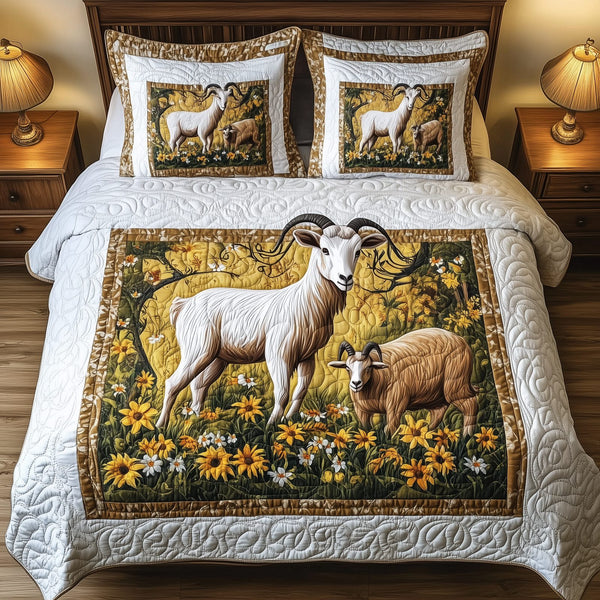Goat Lover quilted 3-piece bedding set on a made bed with two matching pillow shams