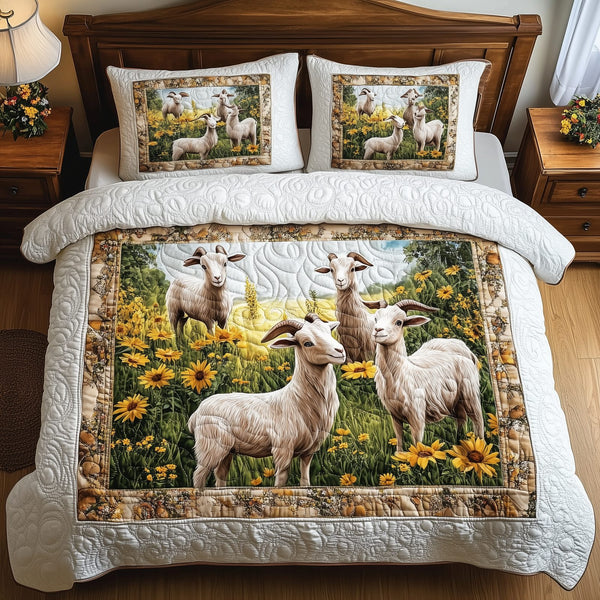 Goat Lover quilted 3-piece bedding set on a made bed with two matching pillow shams