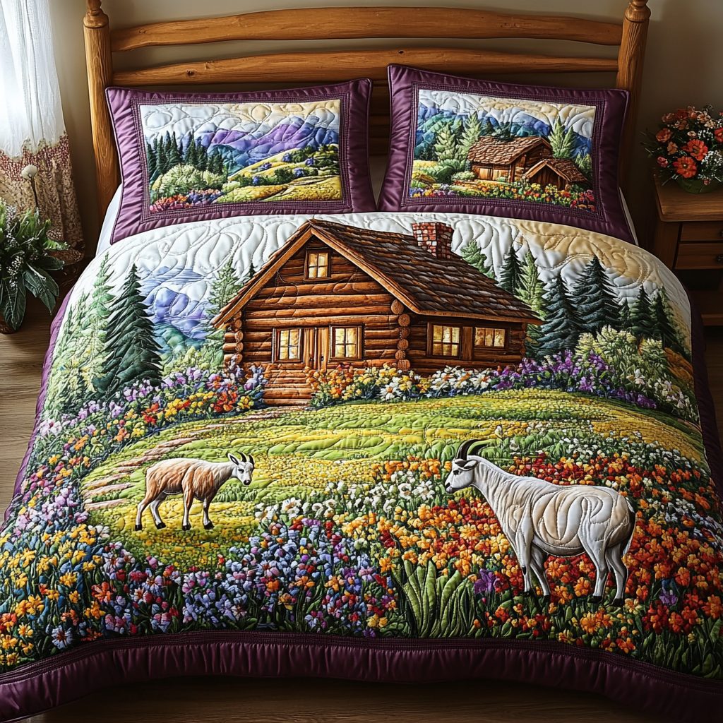 Goat Valley Cabin quilted 3-piece bedding set on a made bed with two matching pillow shams