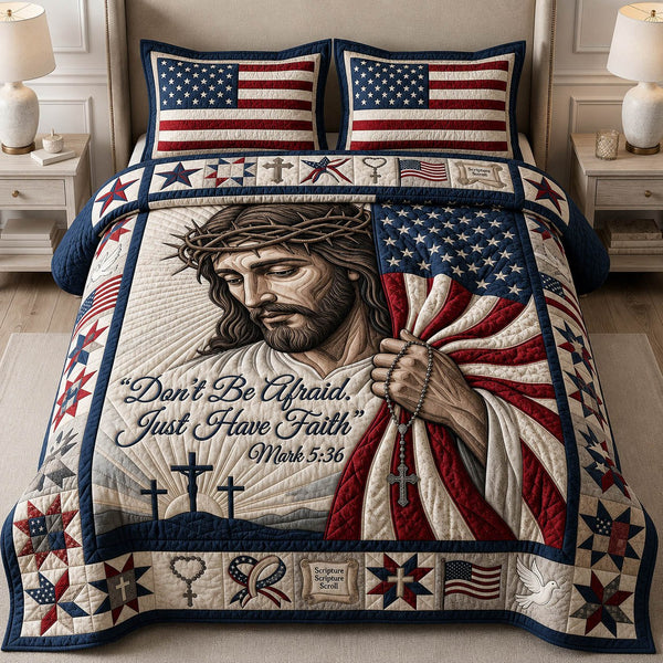 God America Flag quilted 3-piece bedding set on a made bed in a warmly lit bedroom