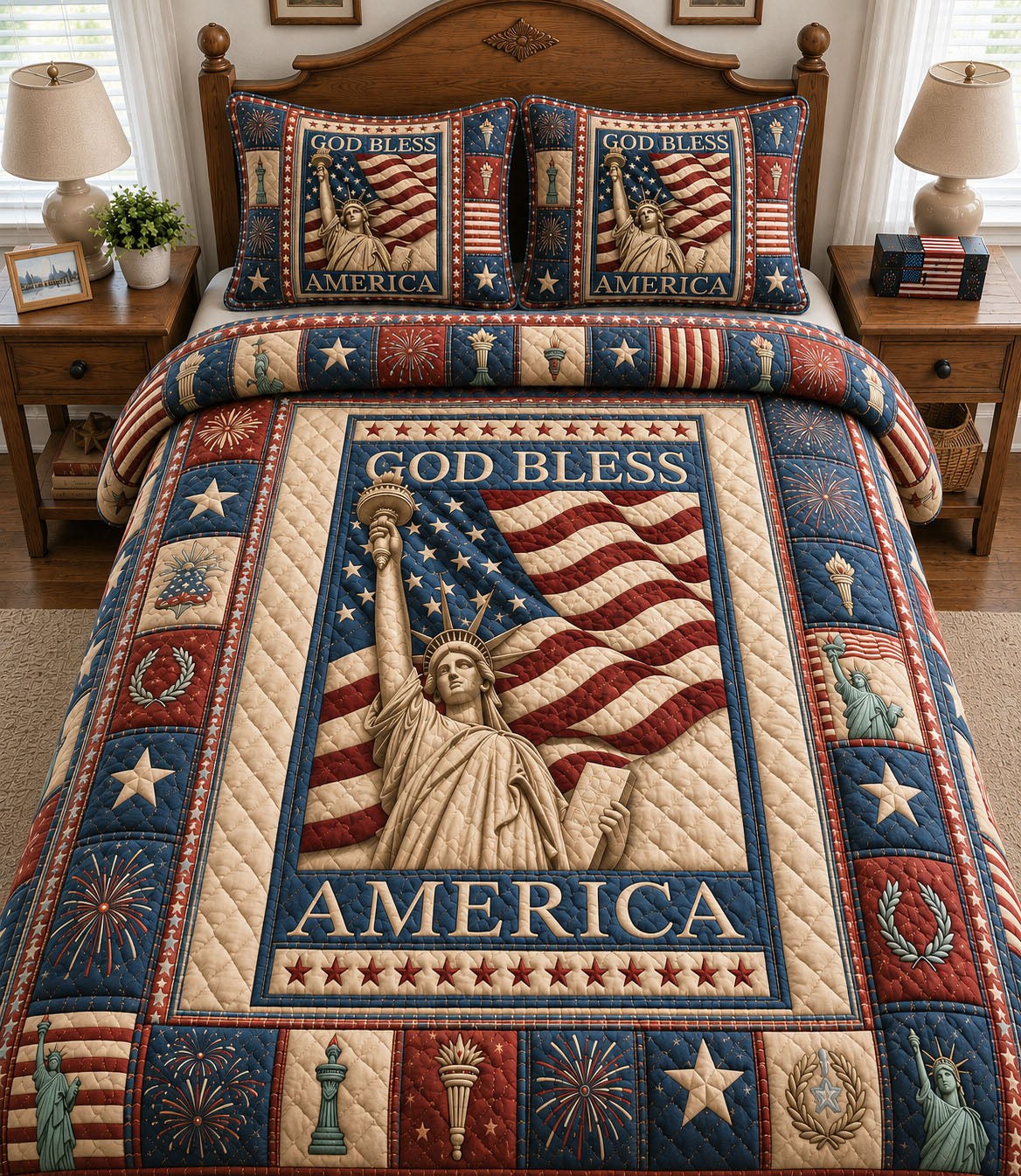 God Bless America quilted 3-piece bedding set on a made bed in a warmly lit bedroom