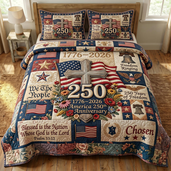 God Bless America quilted 3-piece bedding set on a made bed in a warmly lit bedroom