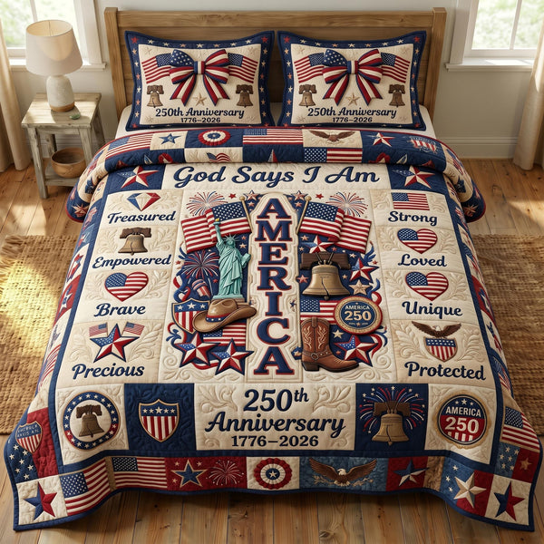 God Bless America quilted 3-piece bedding set on a made bed in a warmly lit bedroom