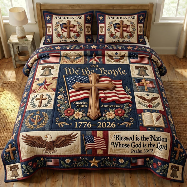 God Bless America quilted 3-piece bedding set on a made bed in a warmly lit bedroom
