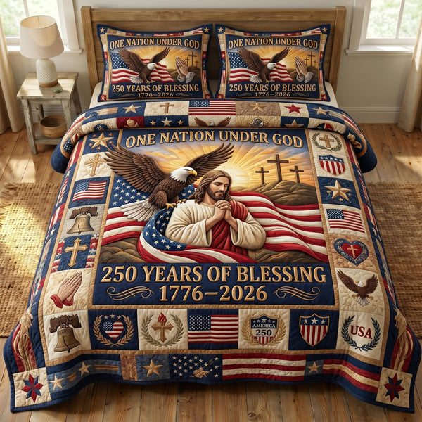 God Bless America quilted 3-piece bedding set on a made bed in a warmly lit bedroom