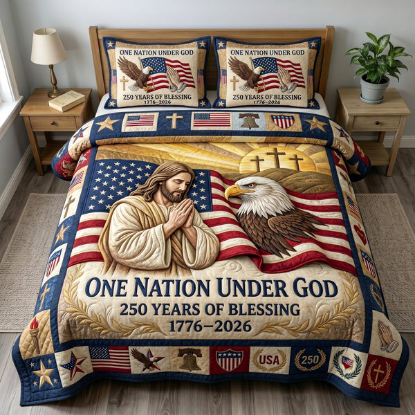 God Bless America quilted 3-piece bedding set on a made bed in a warmly lit bedroom