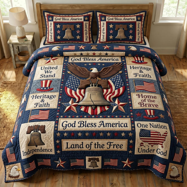 God Bless America quilted 3-piece bedding set on a made bed in a warmly lit bedroom