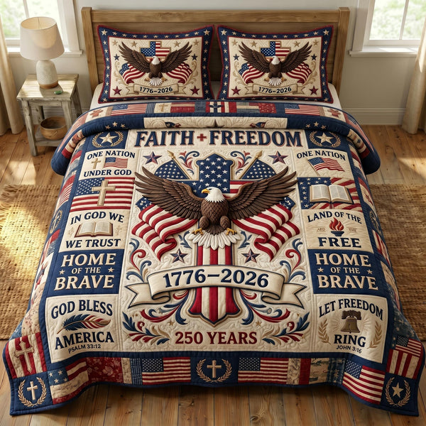 God Bless America quilted 3-piece bedding set on a made bed in a warmly lit bedroom