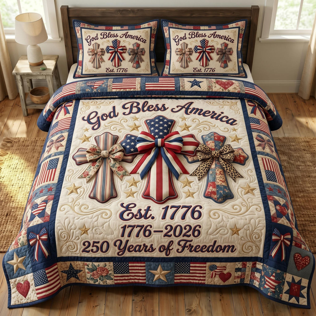 God Bless America quilted 3-piece bedding set on a made bed in a warmly lit bedroom